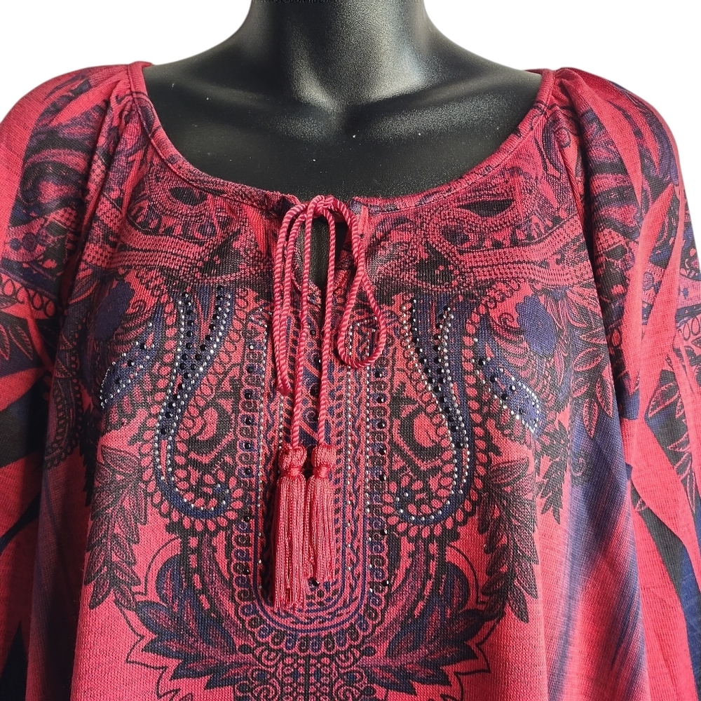 energe world wear Women’s Tunic Thin Sweater Beaded Tassel Red/Black Size 2X - Picture 3 of 7